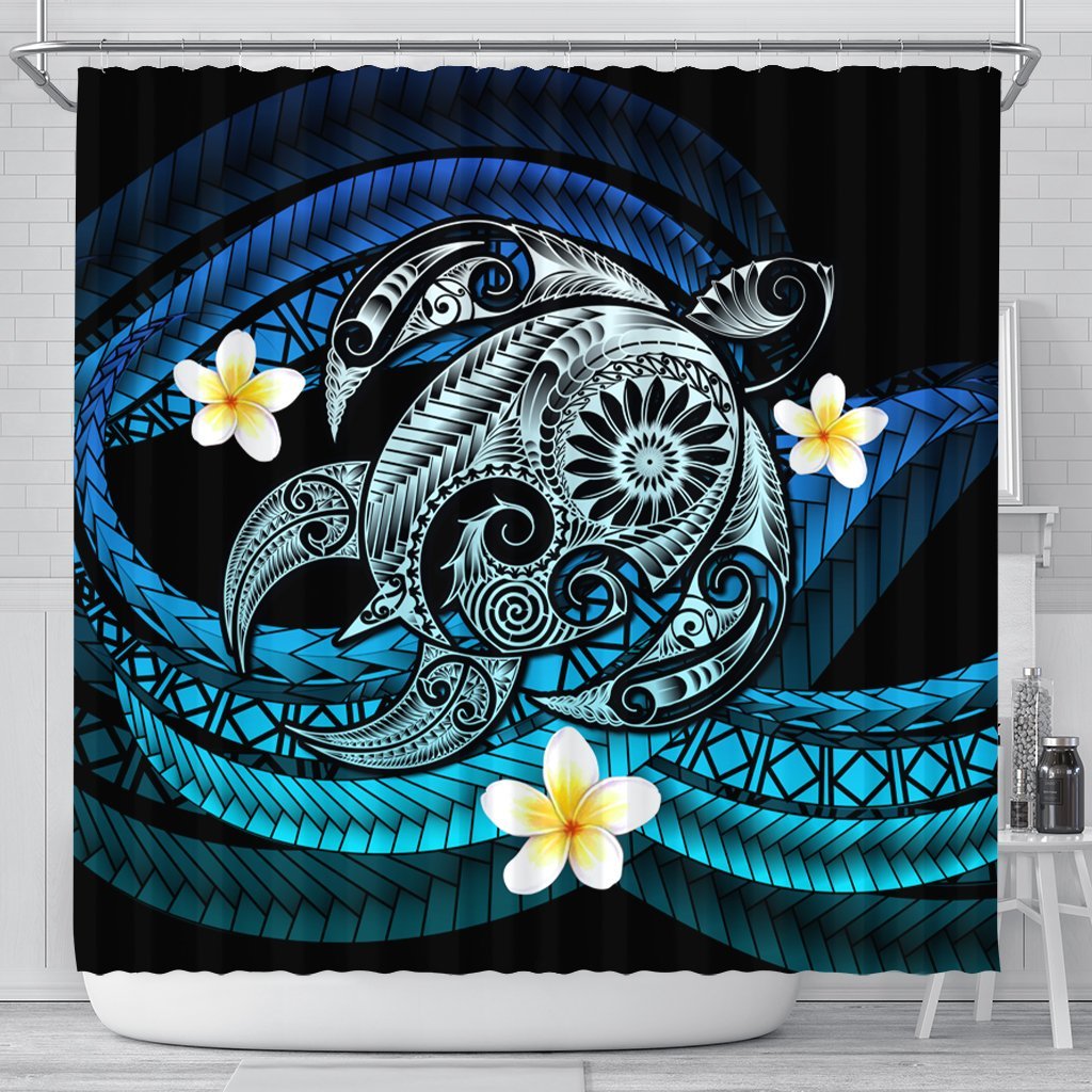 Hawaii Turtle Plumeria Polynesian Shower Curtain - Mela Style - AH 177 x 172 (cm) Black - Polynesian Pride