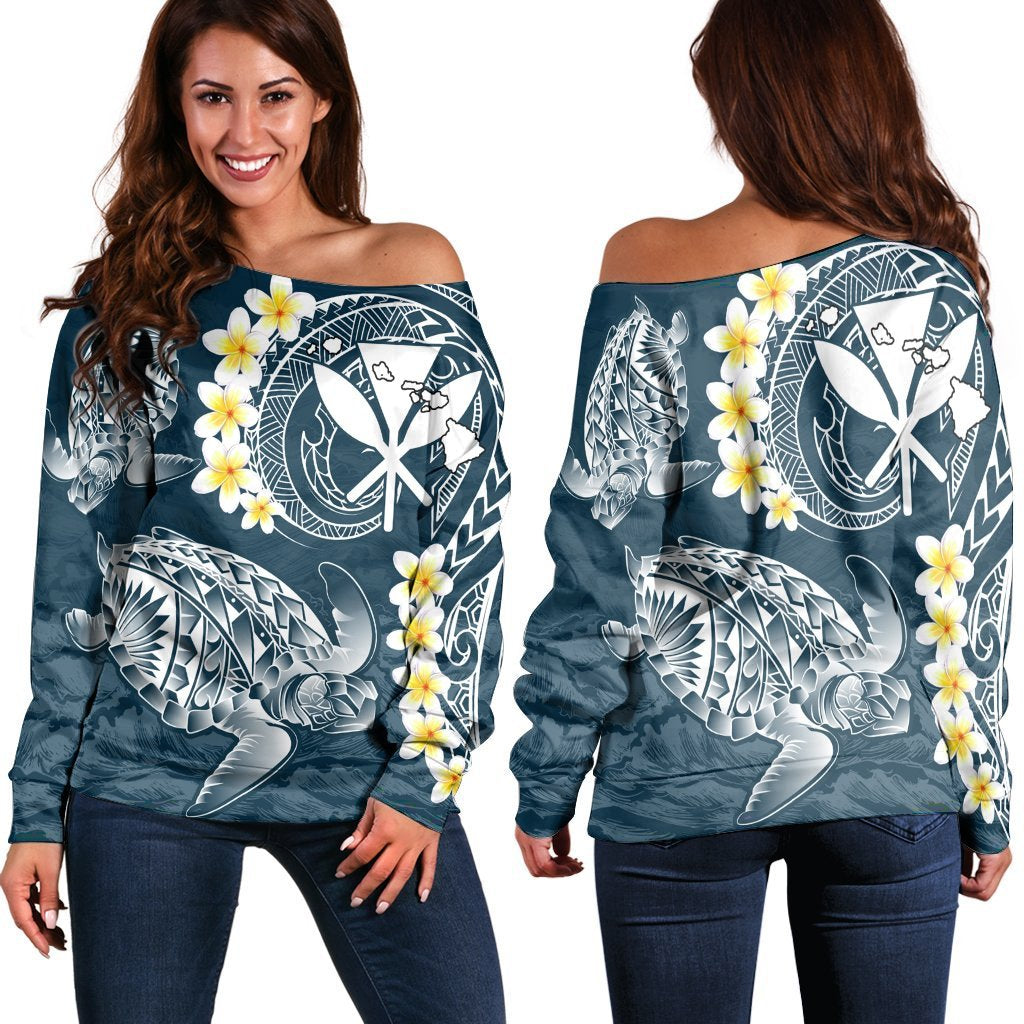 Hawaii Turtle Plumerian Polynesian Women's Off Shoulder Sweater - Sease Style - AH Black - Polynesian Pride