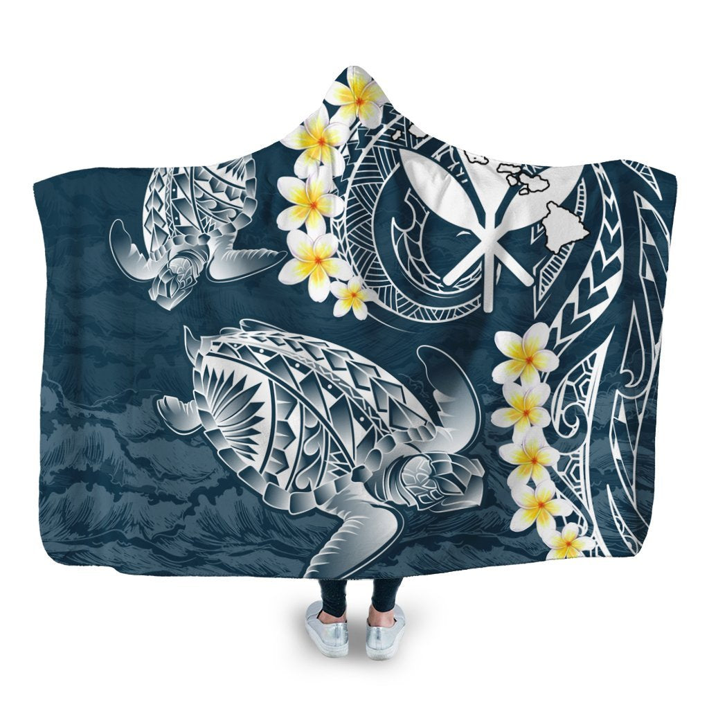 Hawaii Turtle Plumerian Polynesian Hooded Blanket - Sease Style - AH Hooded Blanket White - Polynesian Pride