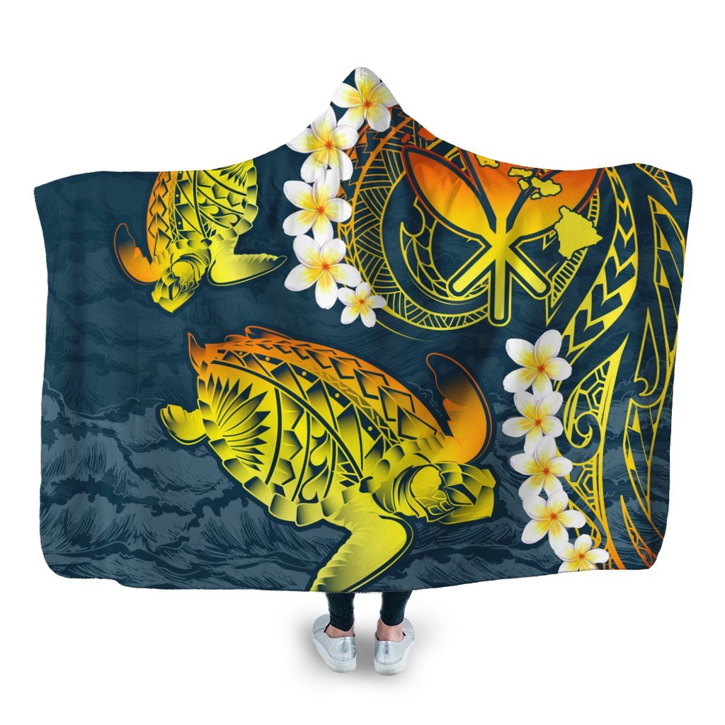 Hawaii Turtle Plumerian Polynesian Hooded Blanket - Sease Style - ver 2 - AH Hooded Blanket White - Polynesian Pride