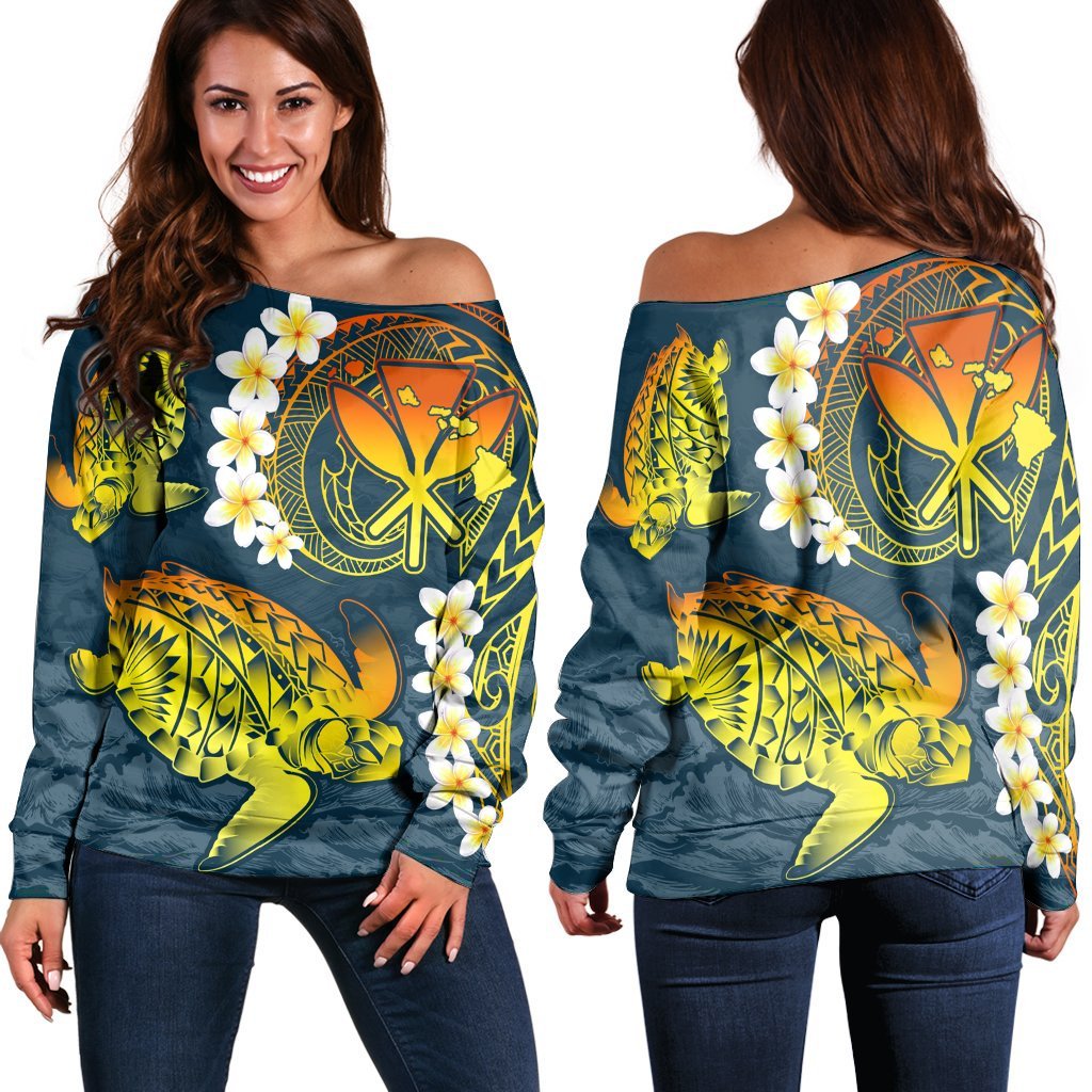 Hawaii Turtle Plumerian Polynesian Women's Off Shoulder Sweater - Sease Style - ver 2 - AH Black - Polynesian Pride