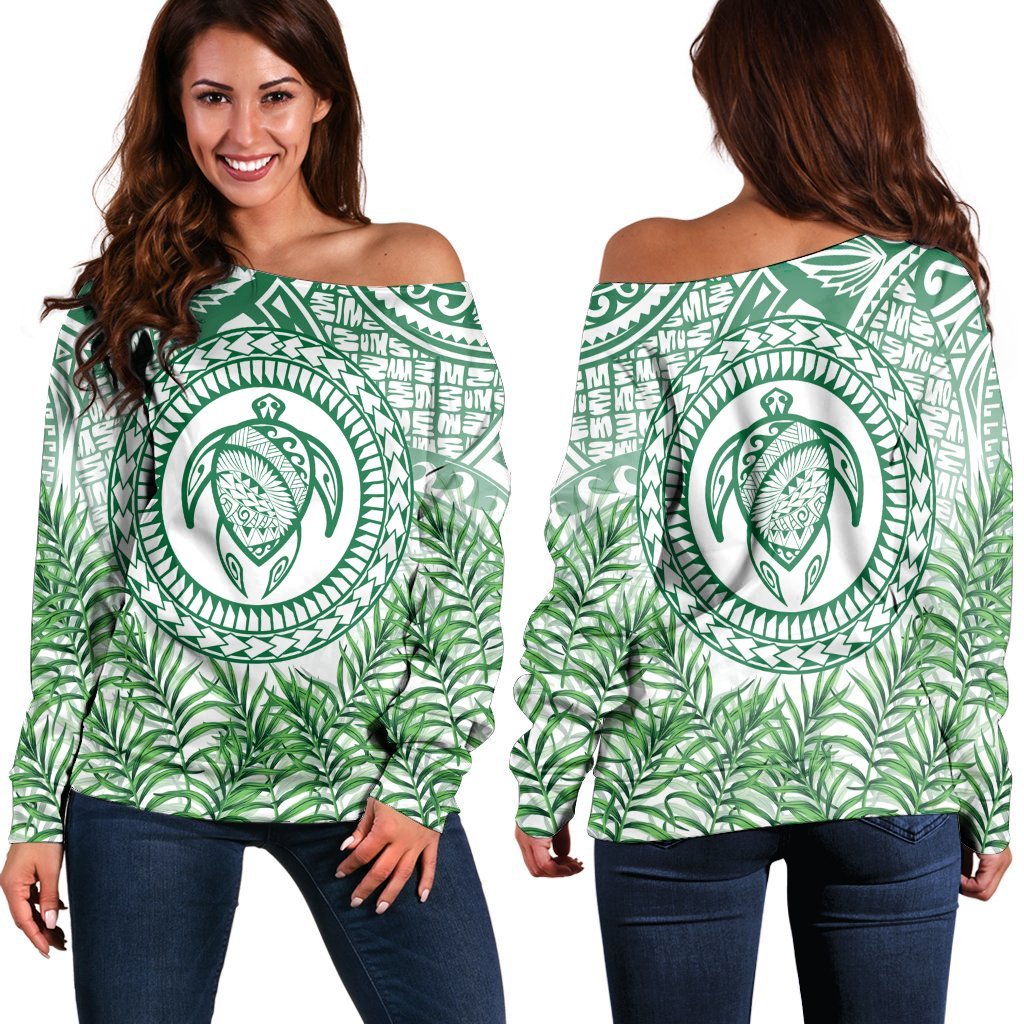 Hawaii Turtle Polyneian Palm Tree Leaf Women's Off Shoulder Sweater - AH Black - Polynesian Pride