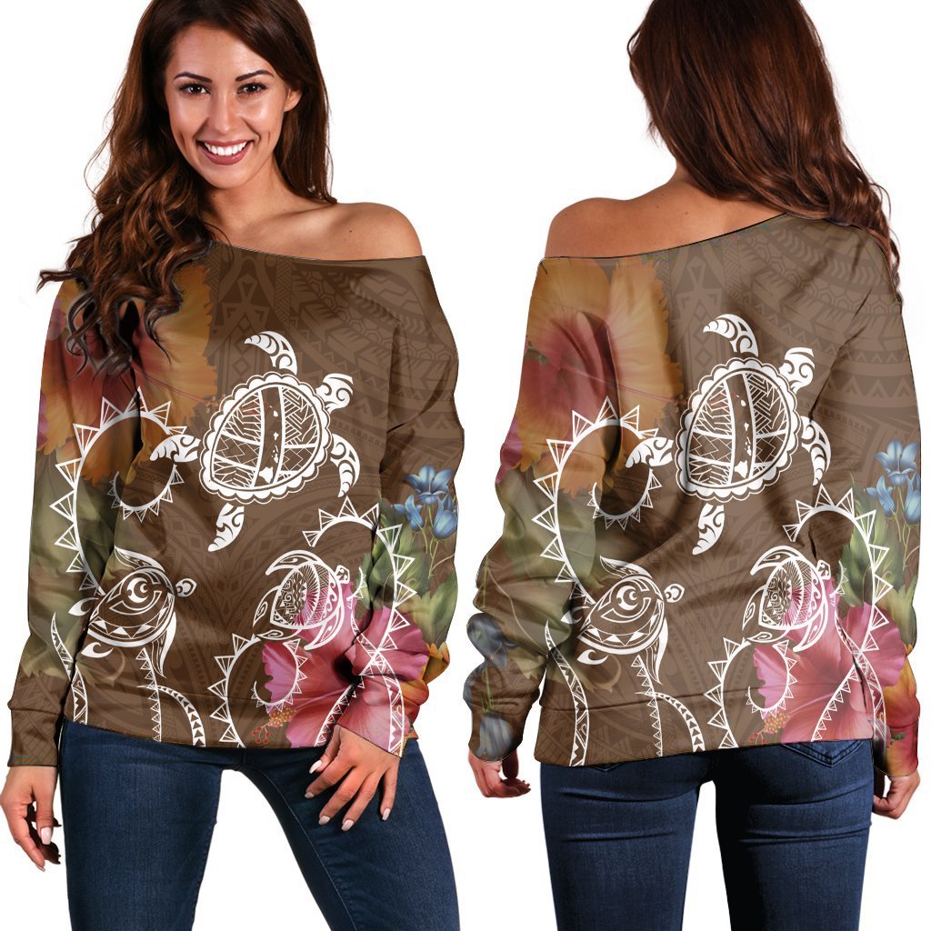 Hawaii Turtle Polynesian Women's Off Shoulder Sweater - Herd Style - AH Black - Polynesian Pride