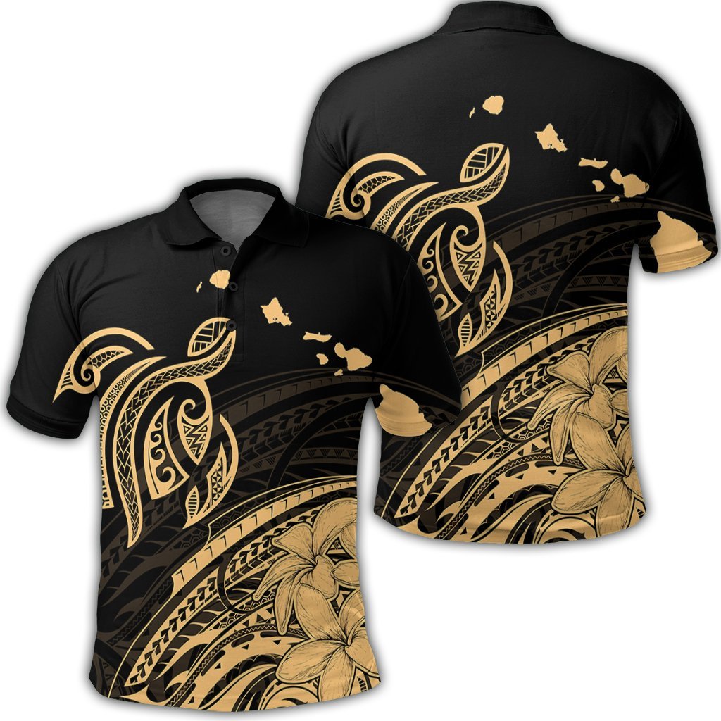 Hawaii Turtle Polynesian Map Plumeria Polo Shirt Unisex Black - Polynesian Pride