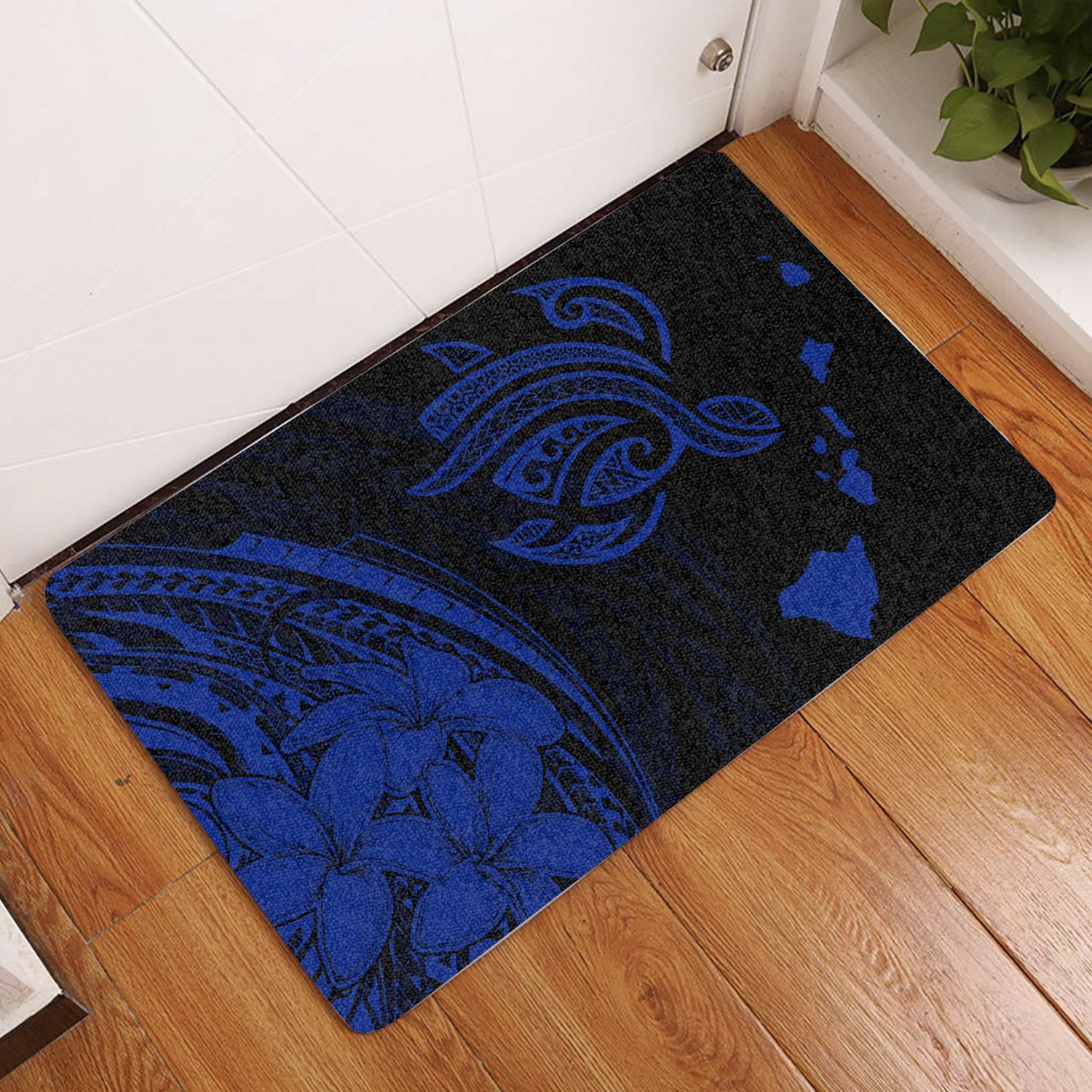 Hawaii Turtle Polynesian Map Plumeria Door Mat Blue AH Door Mat Blue - Polynesian Pride