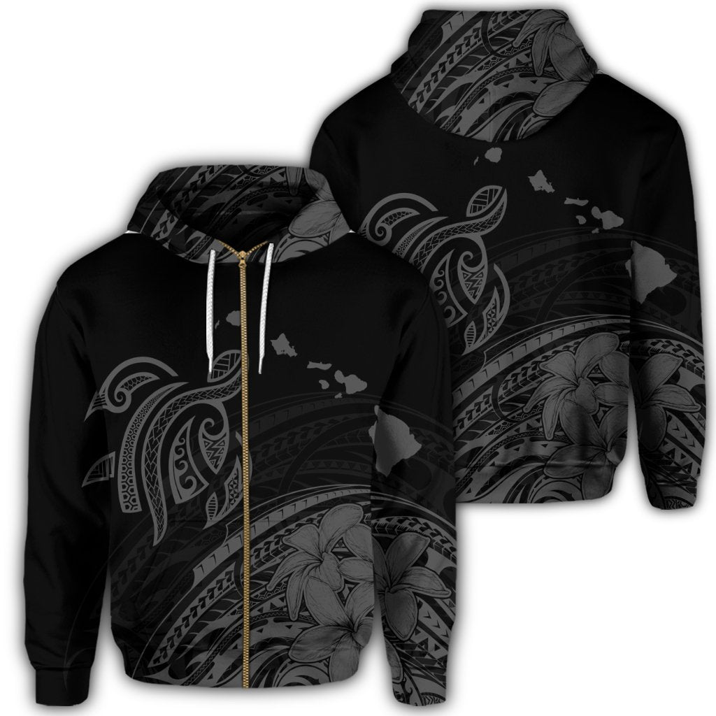 Hawaii Turtle Polynesian Map Plumeria Zip Hoodie Gray Unisex Art - Polynesian Pride