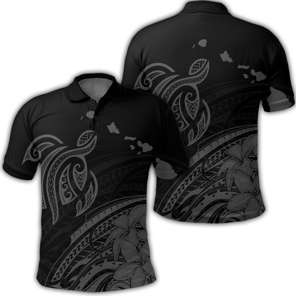 Hawaii Turtle Polynesian Map Plumeria Polo Shirt Gray Unisex Black - Polynesian Pride