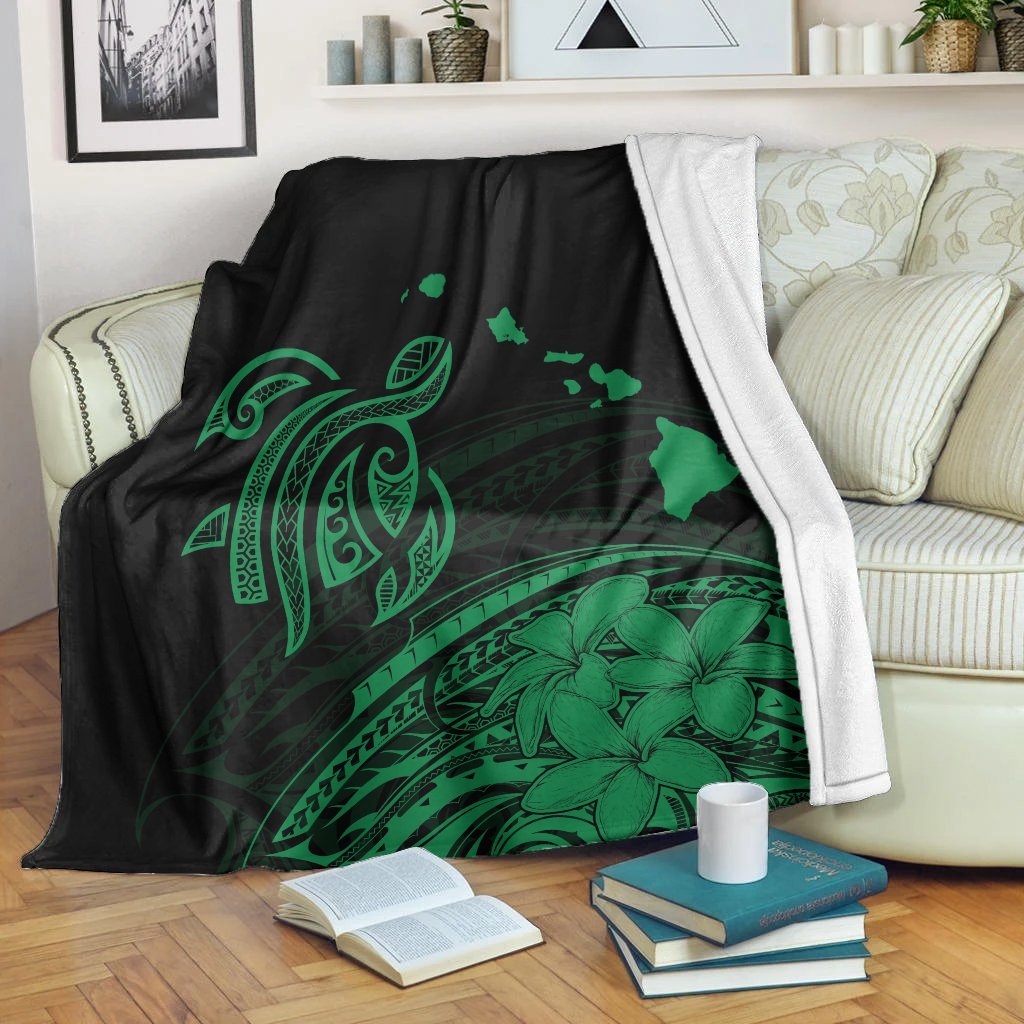 Hawaii Turtle Polynesian Map Plumeria Premium Blankets Green - AH White - Polynesian Pride