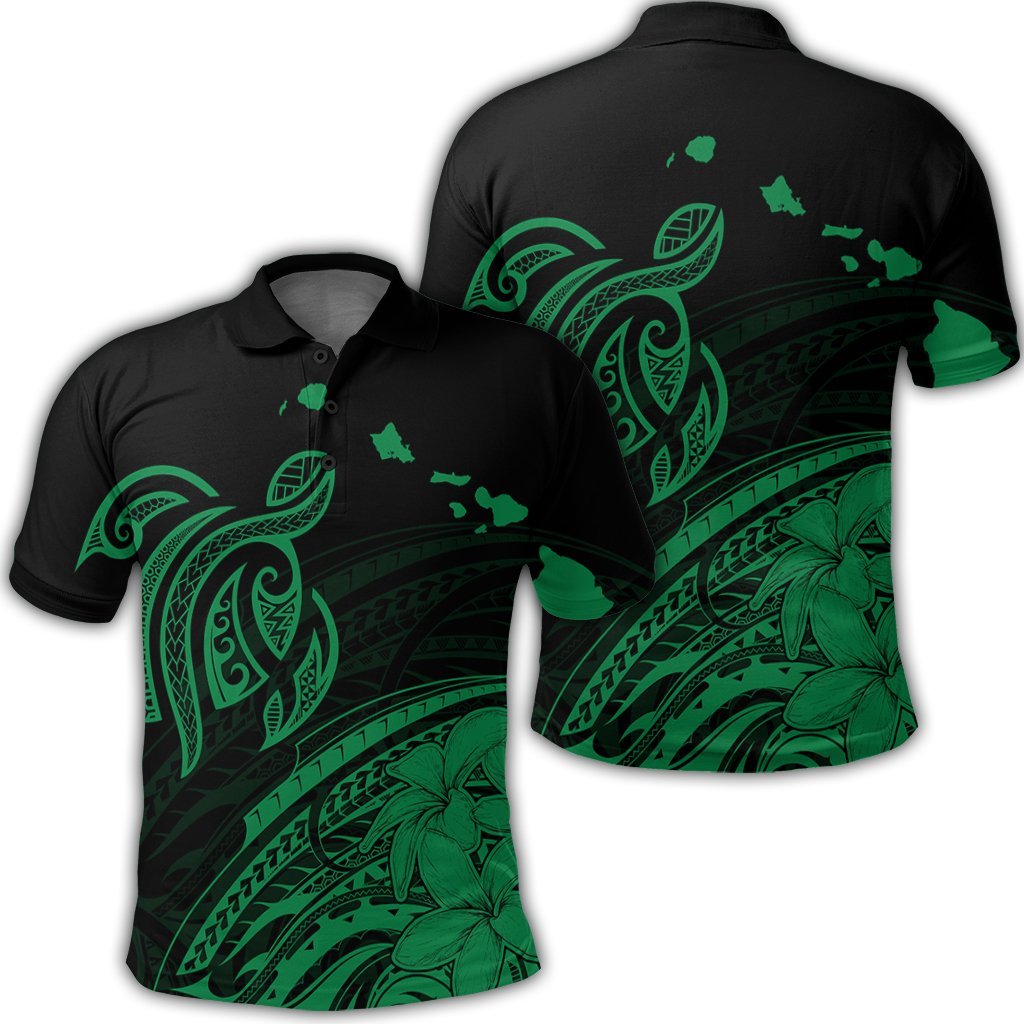 Hawaii Turtle Polynesian Map Plumeria Polo Shirt Green Unisex Black - Polynesian Pride