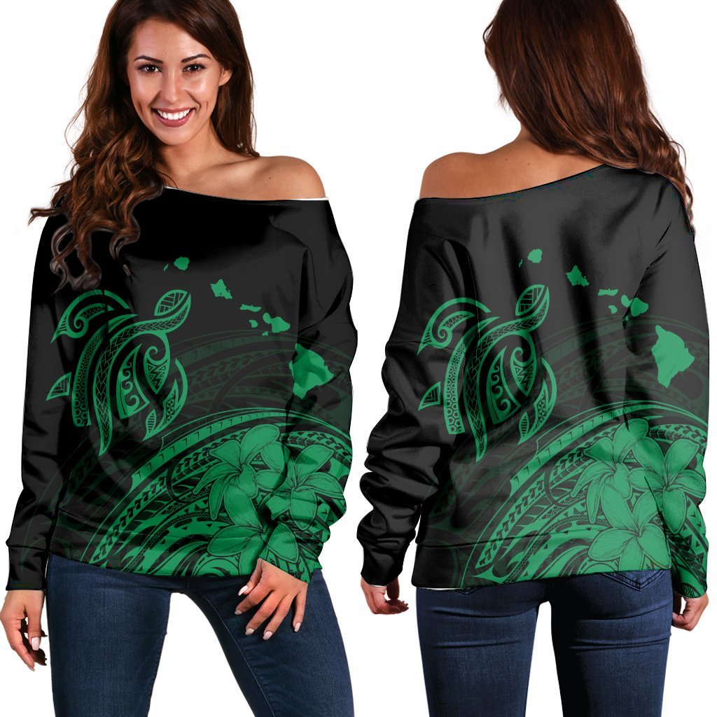 Hawaii Turtle Polynesian Map Plumeria Women's Off Shoulder Sweater Green - AH Black - Polynesian Pride