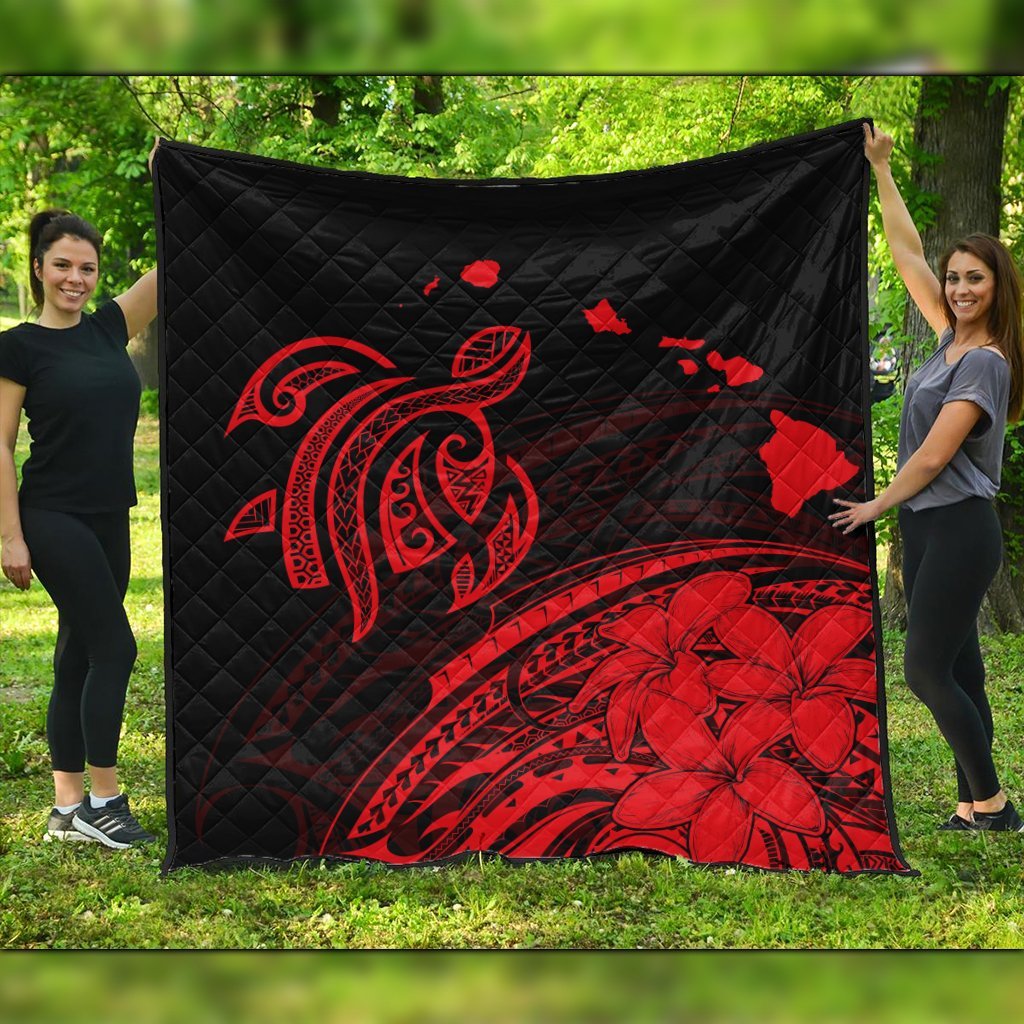 Hawaii Turtle Polynesian Map Plumeria Premium Quilts Red - AH Black - Polynesian Pride