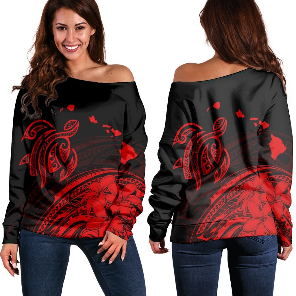 Hawaii Turtle Polynesian Map Plumeria Women's Off Shoulder Sweater Red - AH Black - Polynesian Pride