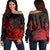 Hawaii Turtle Polynesian Map Plumeria Women's Off Shoulder Sweater Red - AH Black - Polynesian Pride