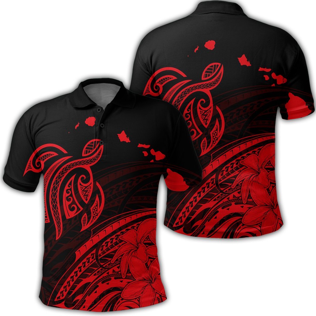 Hawaii Turtle Polynesian Map Plumeria Polo Shirt Red Unisex Black - Polynesian Pride