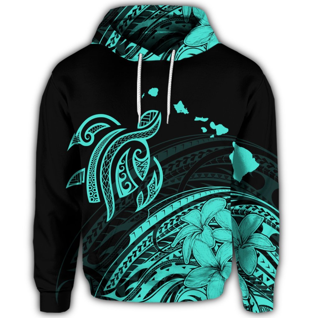 Hawaiian Turtle Polynesian Map Plumeria Hoodie Turquoise - Polynesian Pride