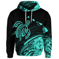 Custom Hawaii Turtle Polynesian Map Plumeria Hoodie Turquoise - Polynesian Pride