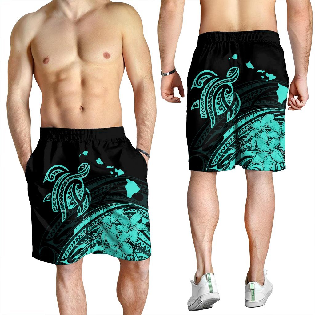 Hawaii Turtle Polynesian Map Plumeria Men's Shorts Turquoise - AH - Polynesian Pride