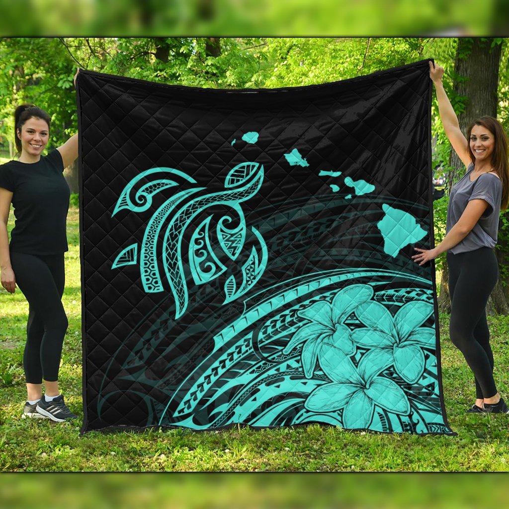 Hawaii Turtle Polynesian Map Plumeria Premium Quilts Turquoise - AH Black - Polynesian Pride