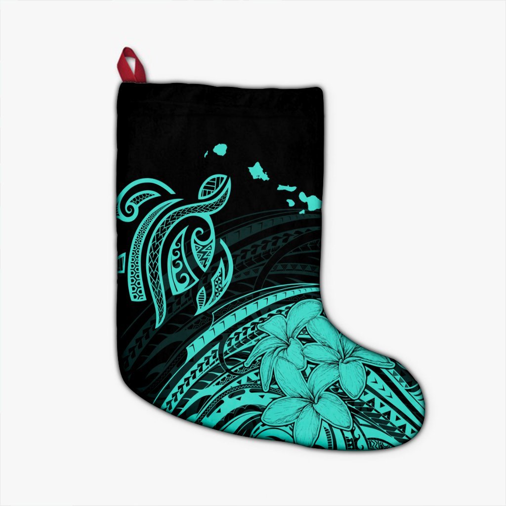 Hawaii Turtle Polynesian Map Plumeria Christmas Stocking Turquoise - AH Christmas Stocking 26 X 42 cm Black - Polynesian Pride