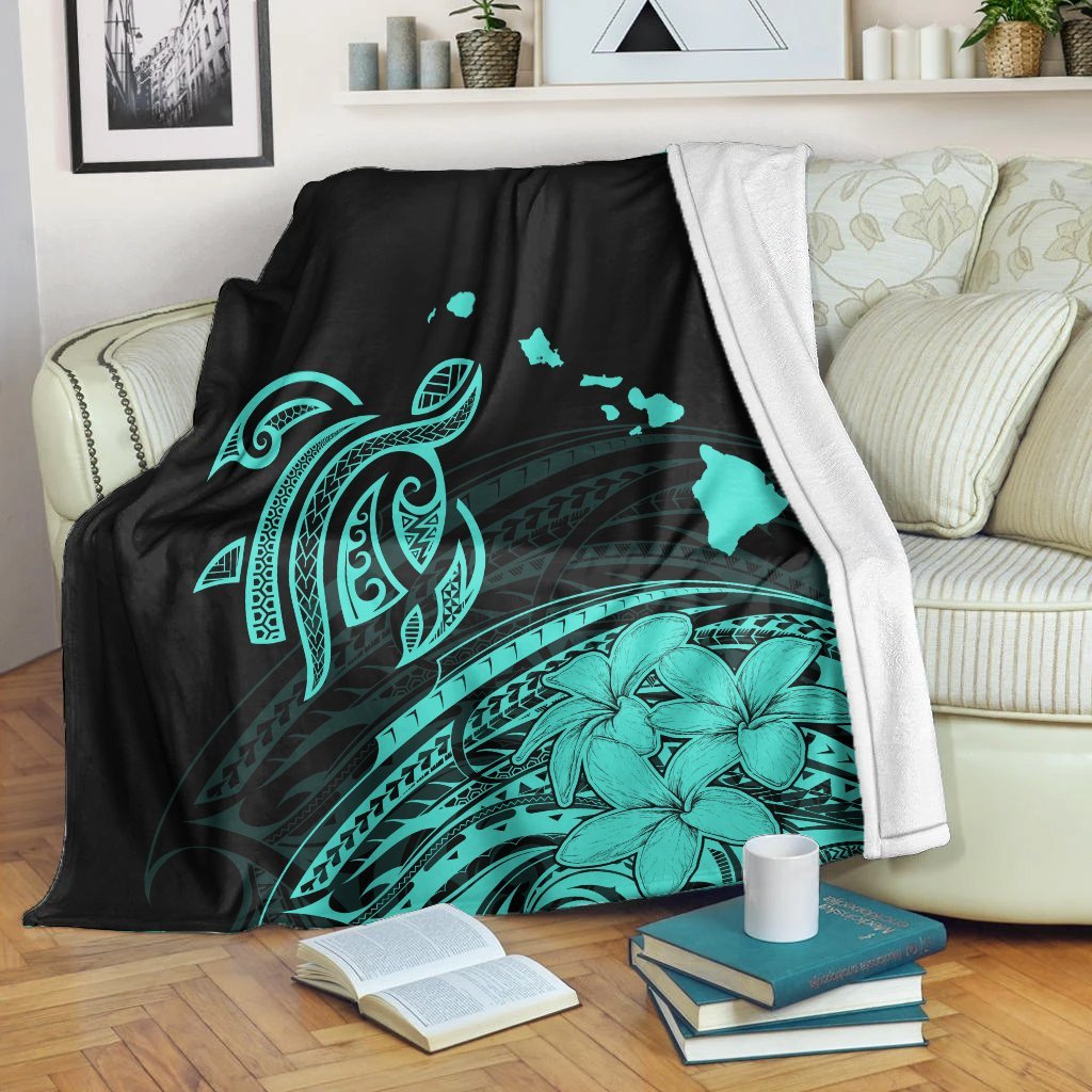 Hawaii Turtle Polynesian Map Plumeria Premium Blankets Turquoise - AH White - Polynesian Pride