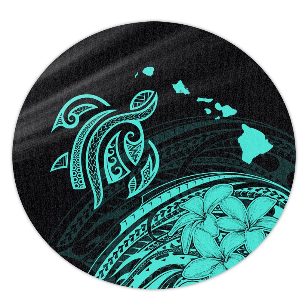 Hawaii Turtle Polynesian Map Plumeria Round Carpet Turquoise - AH Round Carpet Luxurious Plush - Polynesian Pride