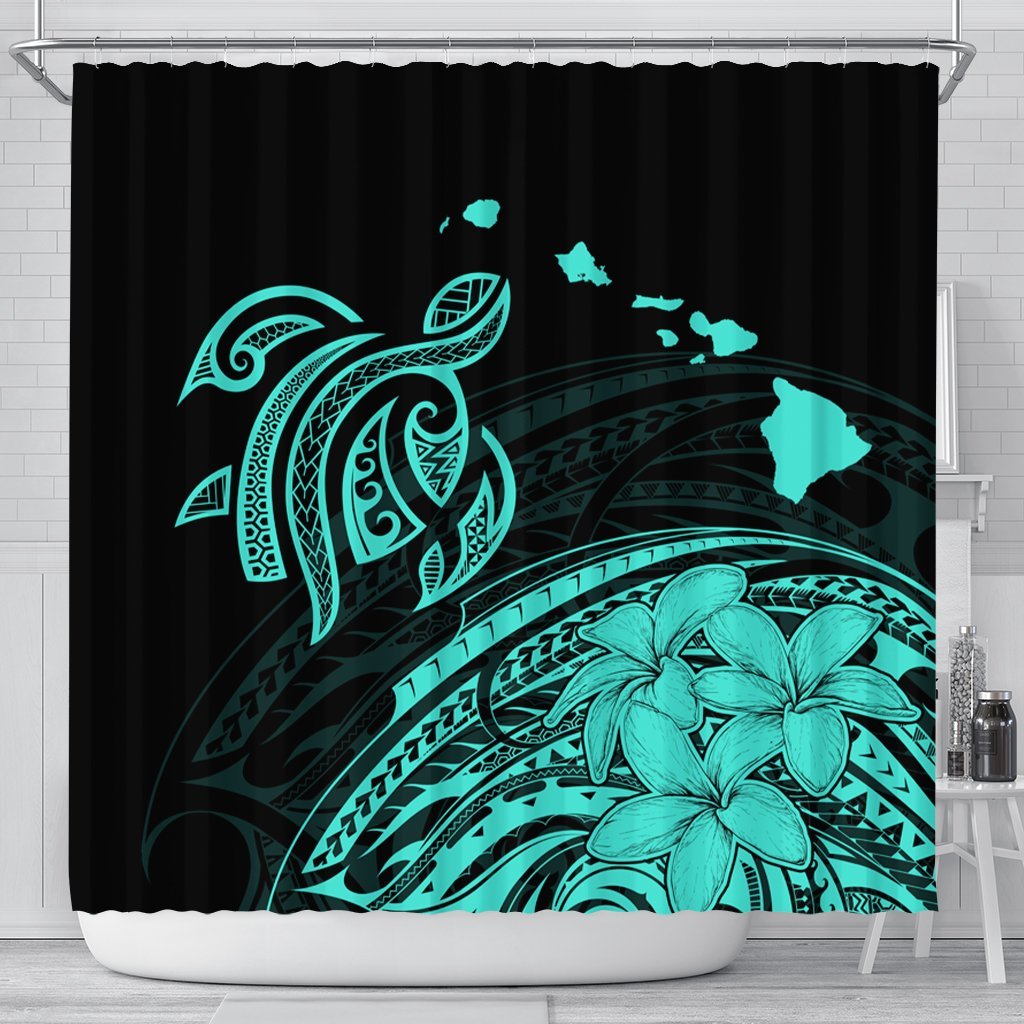 Hawaii Turtle Polynesian Map Plumeria Shower Curtain Turquoise - AH 177 x 172 (cm) Black - Polynesian Pride