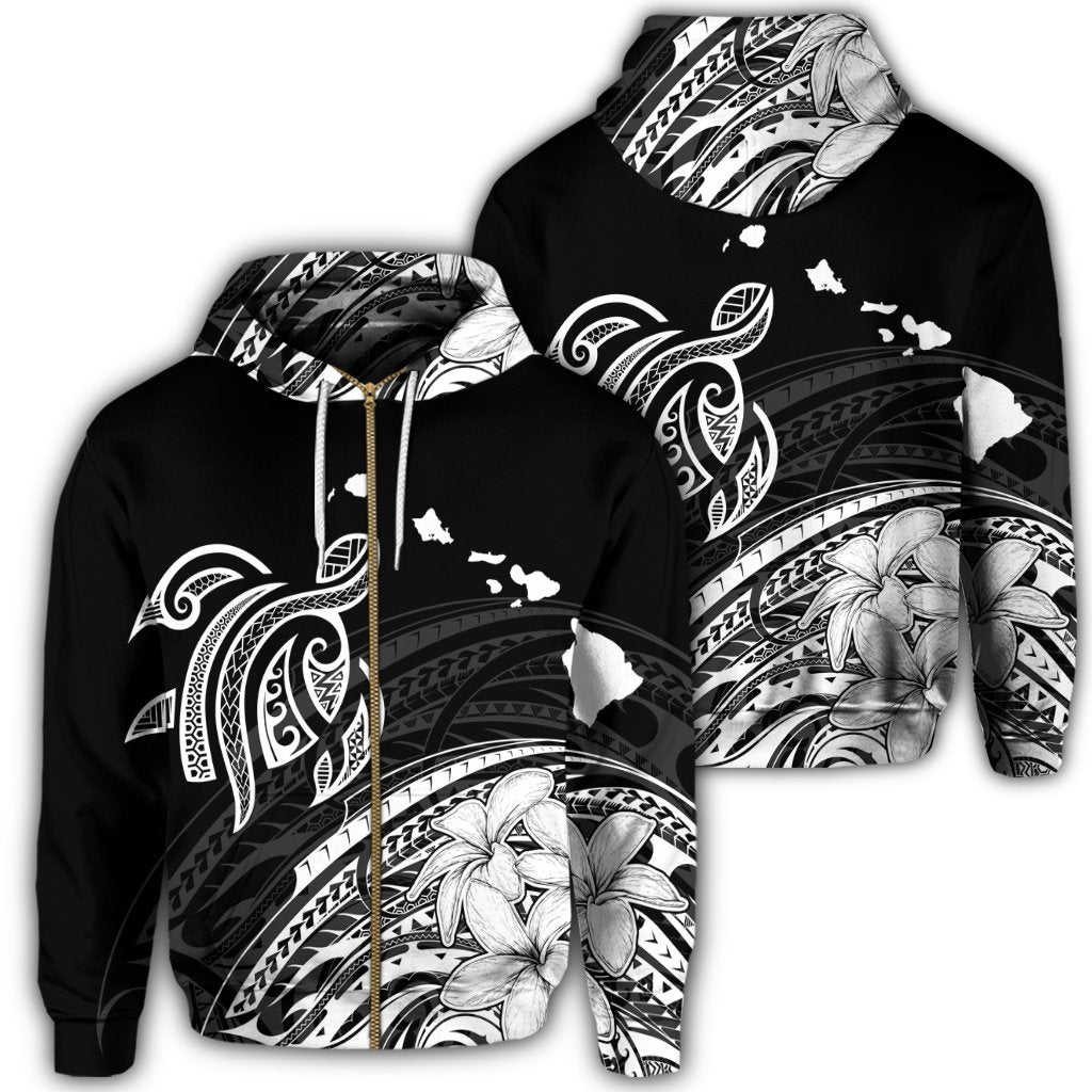 Hawaii Turtle Polynesian Map Plumeria Zip Hoodie White Unisex Art - Polynesian Pride