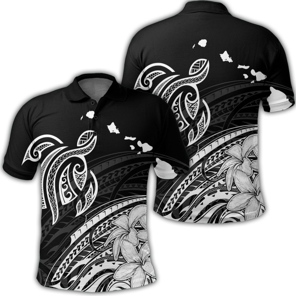 Hawaii Turtle Polynesian Map Plumeria Polo Shirt White Unisex Black - Polynesian Pride