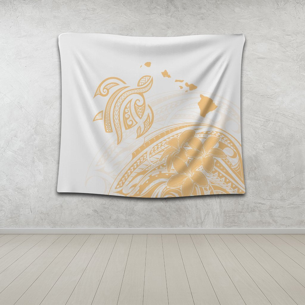 Hawaii Turtle Polynesian Map Plumeria White Background Tapestry - AH - Polynesian Pride