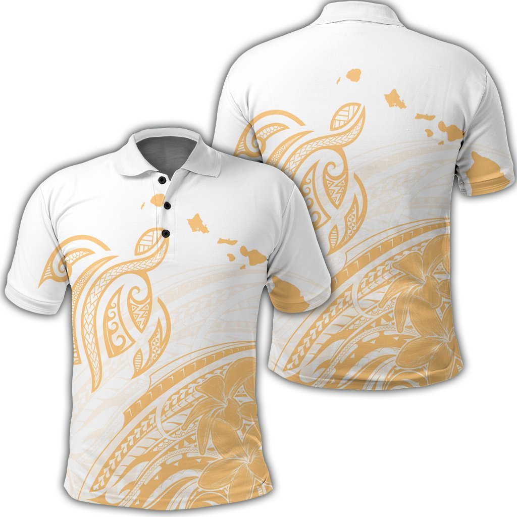 Hawaii Turtle Polynesian Map Plumeria White Background Polo Shirt Unisex Black - Polynesian Pride