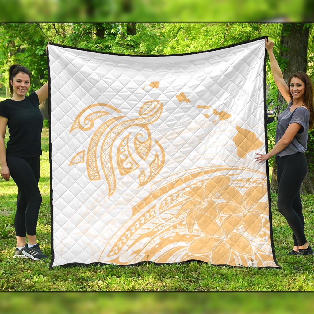 Hawaii Turtle Polynesian Map Plumeria White Background Premium Quilts - AH Black - Polynesian Pride