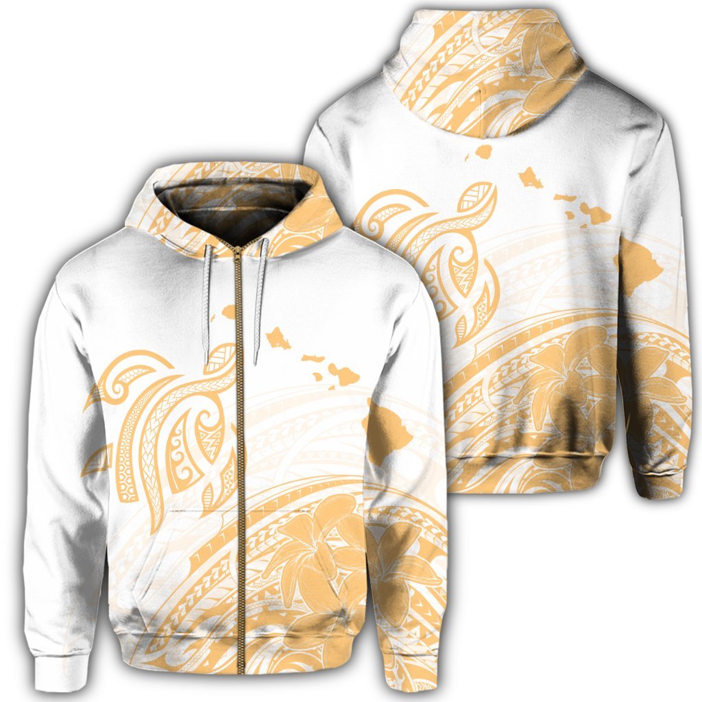 Hawaii Turtle Polynesian Map Plumeria White Background Zip Hoodie Unisex Art - Polynesian Pride