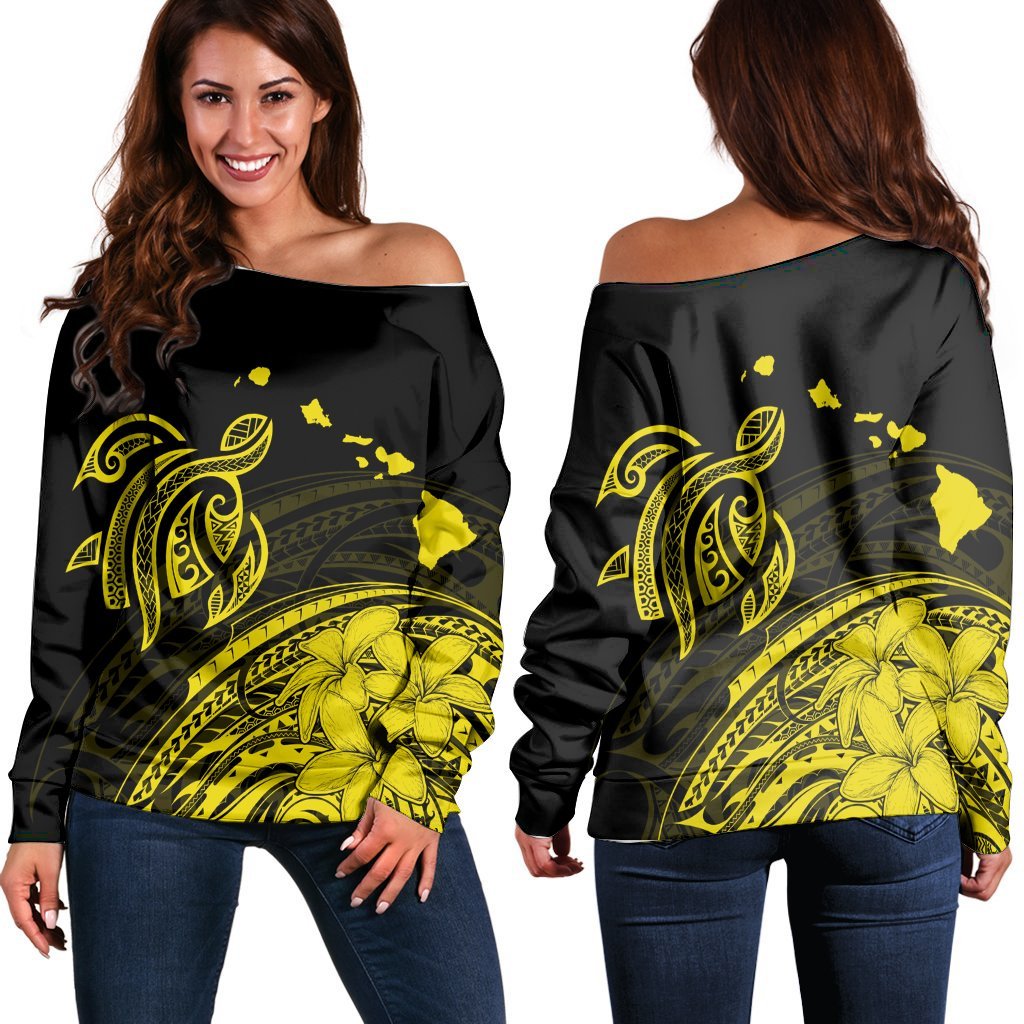 Hawaii Turtle Polynesian Map Plumeria Yellow Women's Off Shoulder Sweater - AH Black - Polynesian Pride