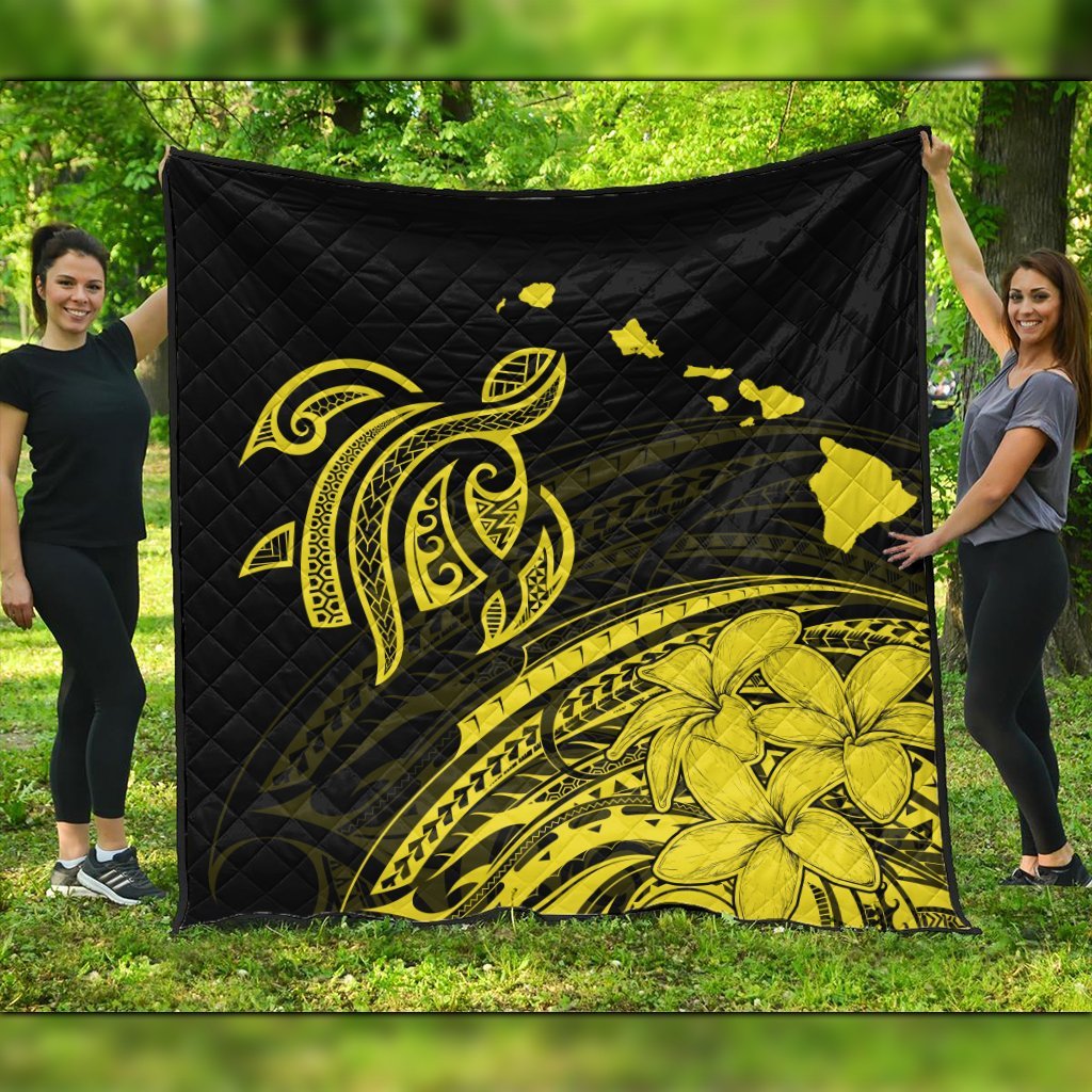 Hawaii Turtle Polynesian Map Plumeria Yellow Premium Quilts - AH Black - Polynesian Pride