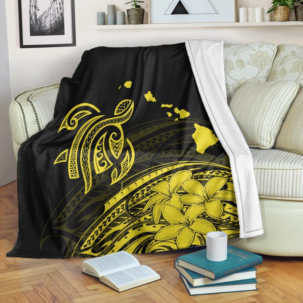 Hawaii Turtle Polynesian Map Plumeria Premium Blankets Yellow - AH White - Polynesian Pride