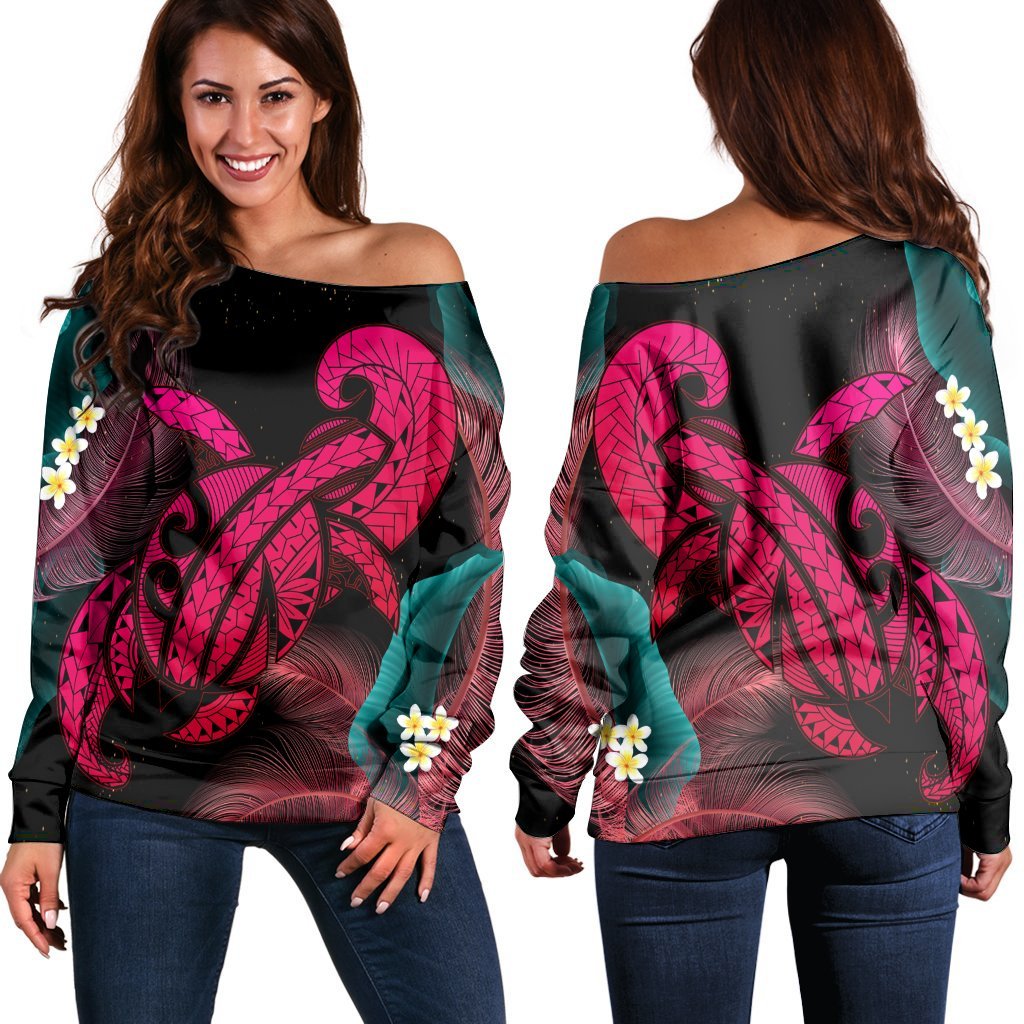 Hawaii Turtle Polynesian Tropical Women's Off Shoulder Sweater - Ghia Style Pink - AH Black - Polynesian Pride