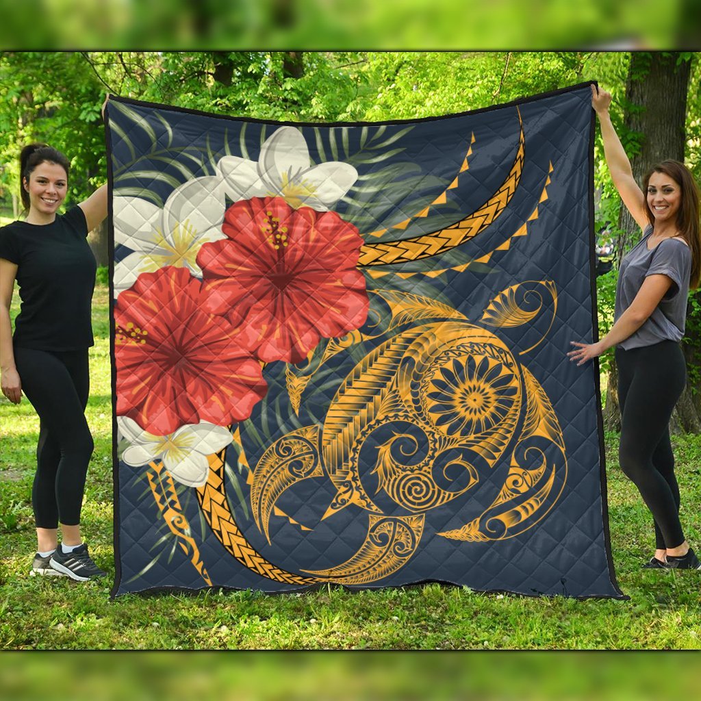 Hawaii Turtle Polynesian Tropical Hibiscus Plumeria Premium Quilts - AH Black - Polynesian Pride