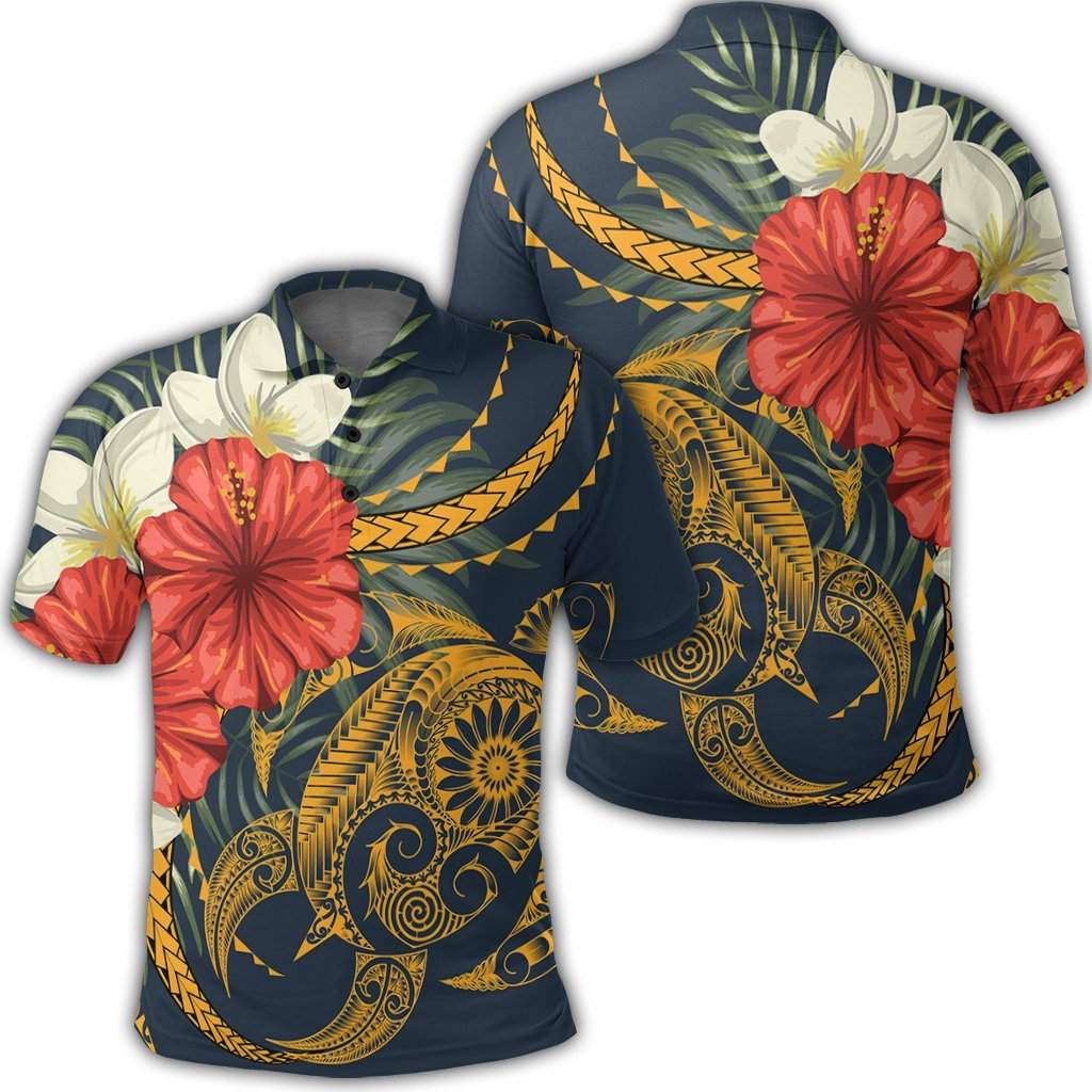 Hawaii Turtle Polynesian Tropical Hibiscus Plumeria Polo Shirt Unisex Black - Polynesian Pride