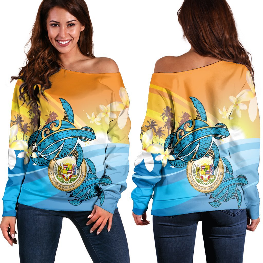 Hawaii Turtle Sea Cost Of Arm Women's Off Shoulder Sweater - AH Black - Polynesian Pride