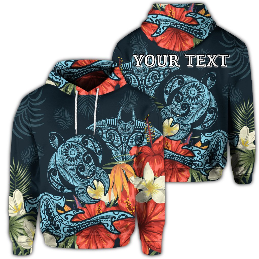 Custom Hawaii Turtle Shark Manta Ray Hibiscus Plumeria Hoodie Unisex Art - Polynesian Pride