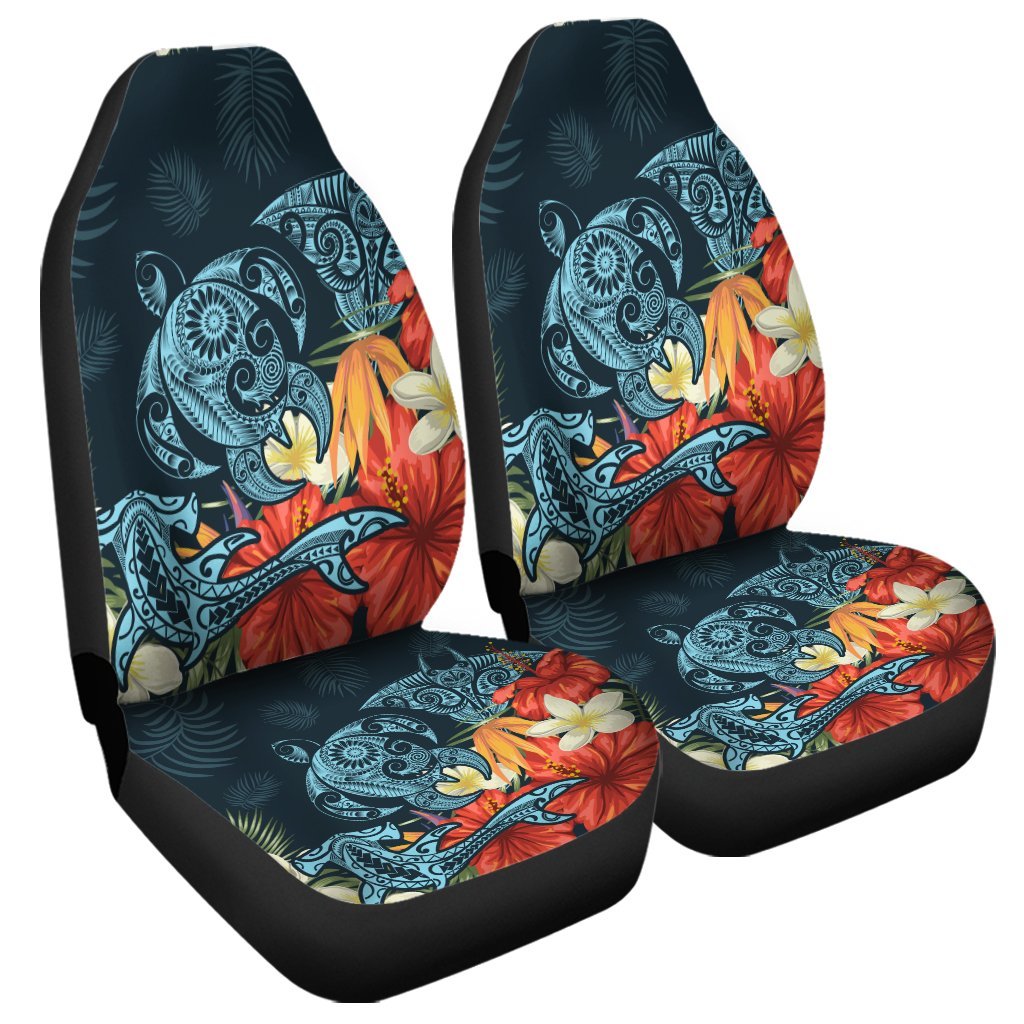 Hawaii Turtle Shark Manta Ray Hibiscus Plumeria Car Seat Covers - AH Universal Fit Black - Polynesian Pride