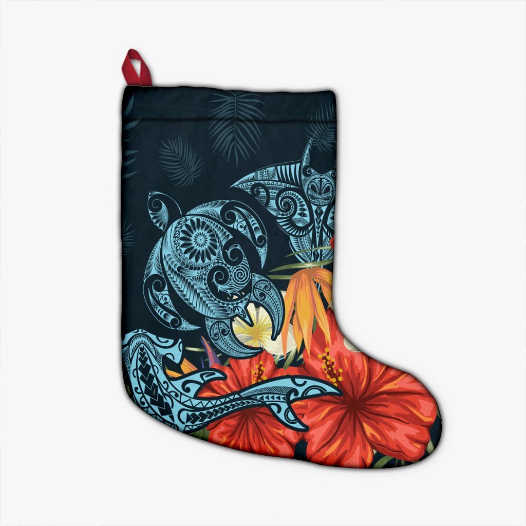 Hawaii Turtle Shark Manta Ray Hibiscus Plumeria Christmas Stocking - AH Christmas Stocking 26 X 42 cm Black - Polynesian Pride