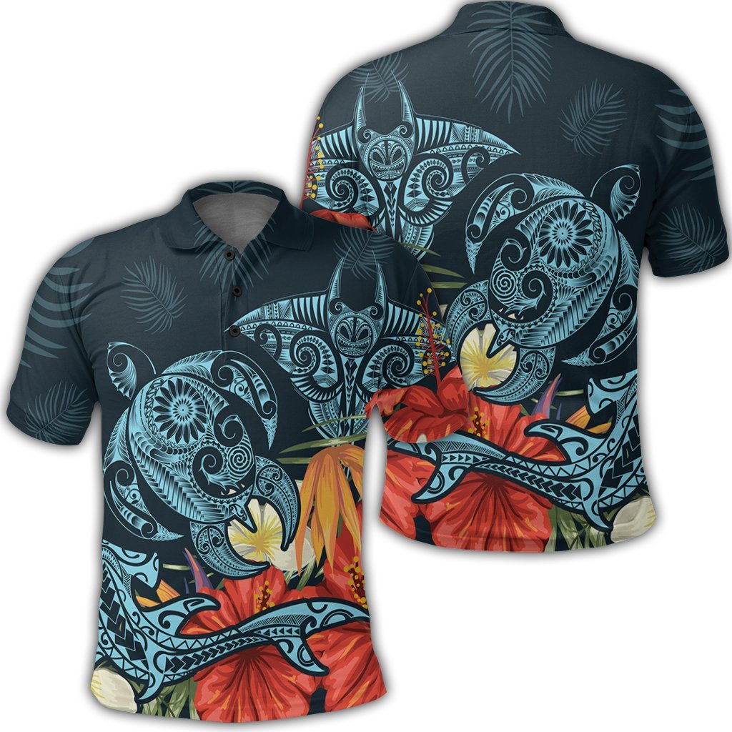 Hawaii Turtle Shark Manta Ray Hibiscus Plumeria Polo Shirt Unisex Black - Polynesian Pride