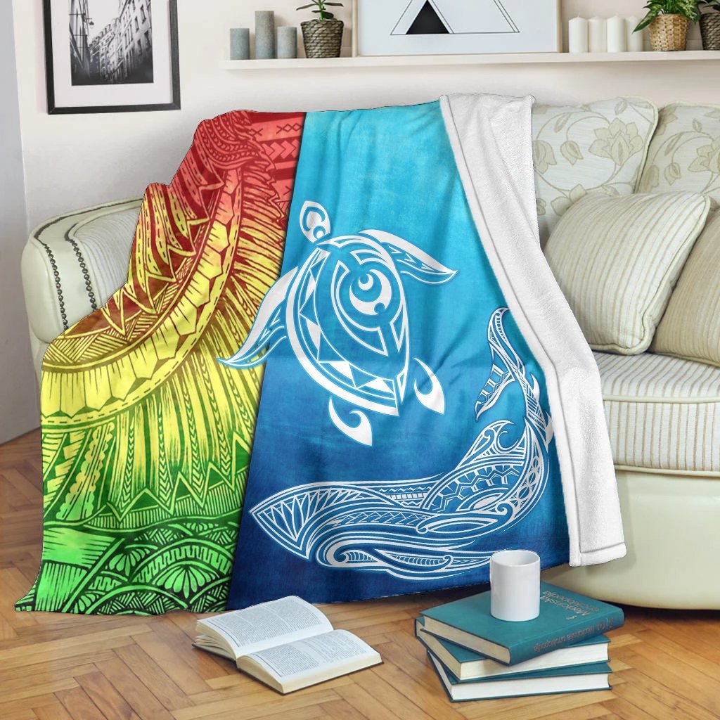 Hawaii Turtle Shark Polynesian And Sea Premium Blankets - AH White - Polynesian Pride