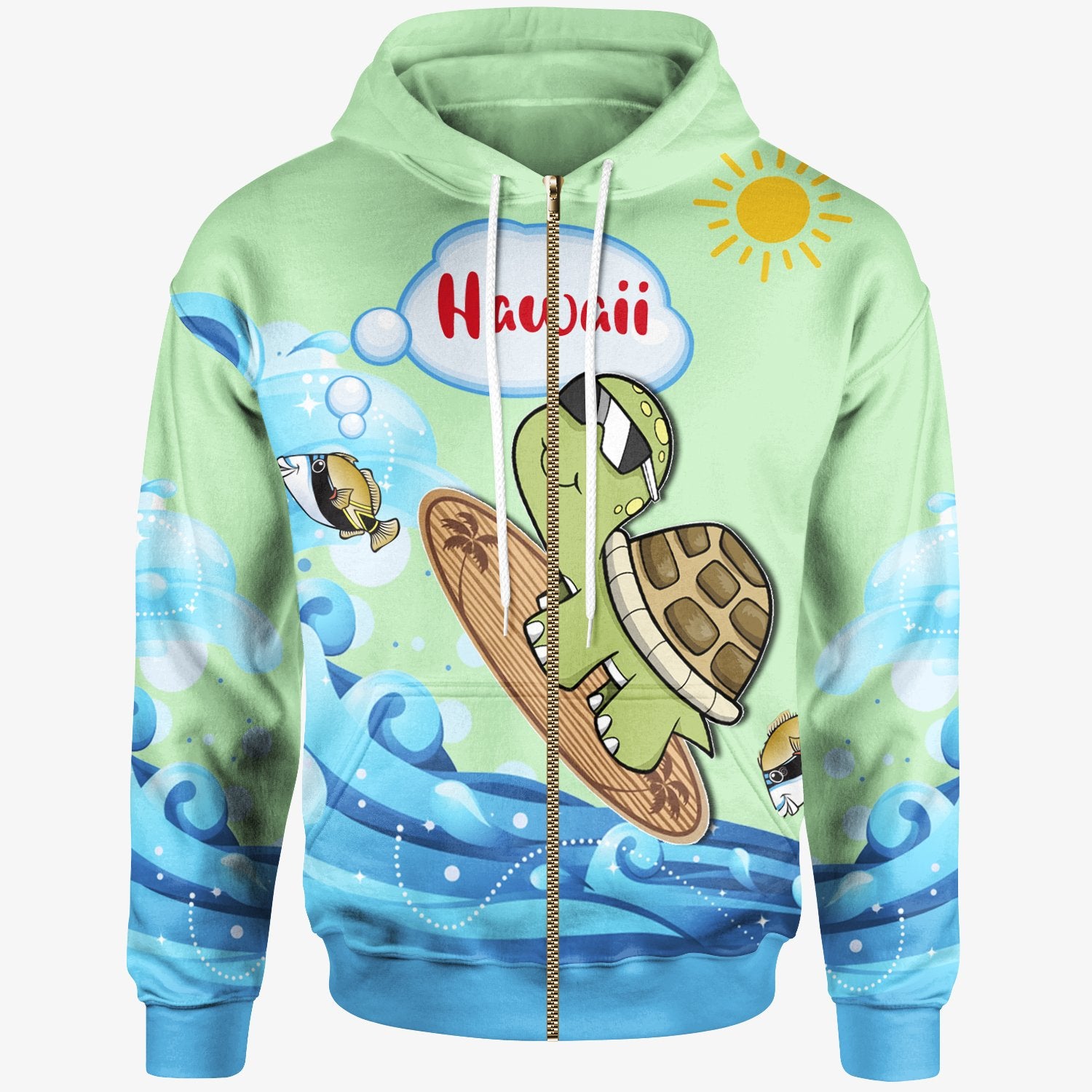 Hawaii Zip up Hoodie Turtle Surfing Unisex Green - Polynesian Pride