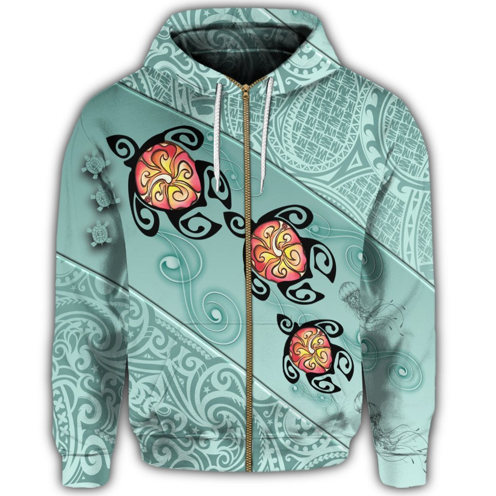 Hawaii Turtle Swimming Tribal Polynesian Zip Hoodie Min Style - Polynesian Pride