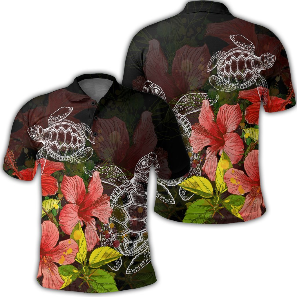 Hawaii Turtle Tree Hibiscus Polo Shirt Unisex Black - Polynesian Pride