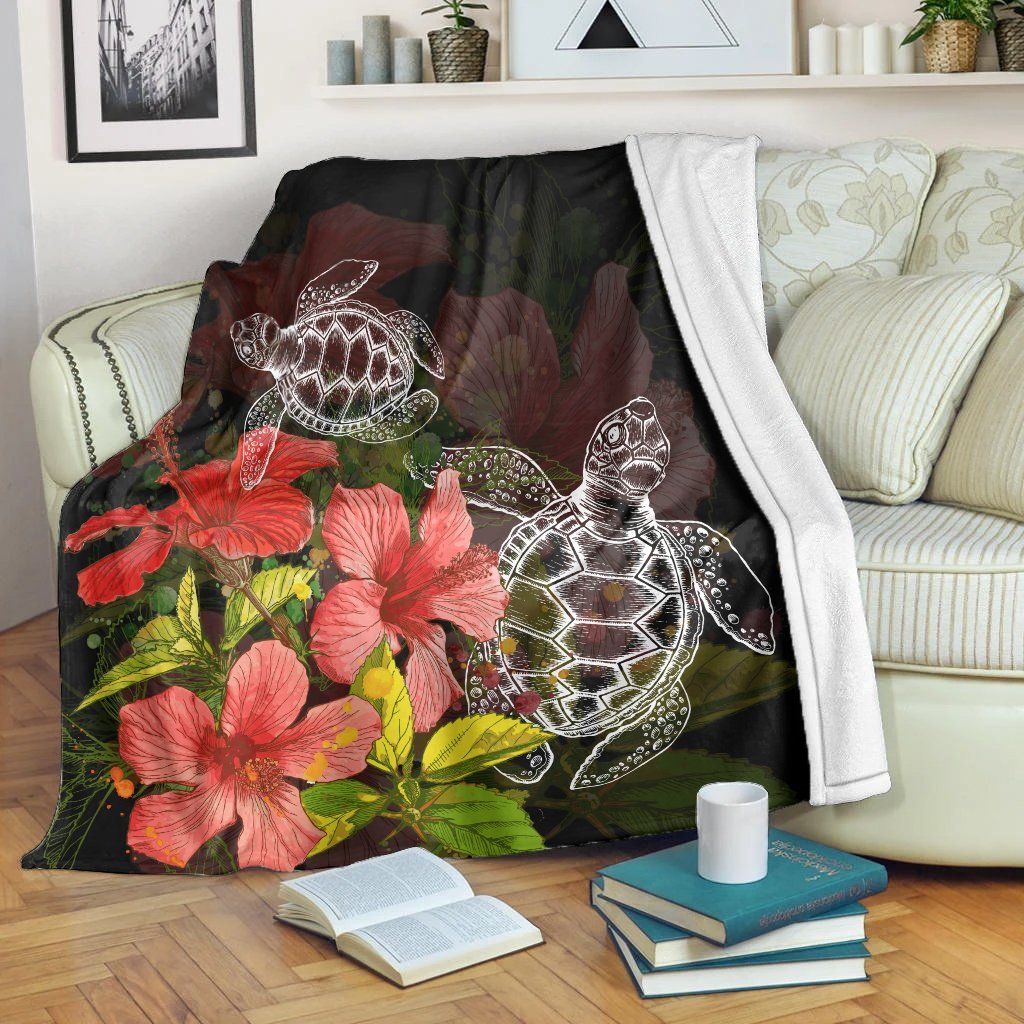 Hawaii Turtle Tree Hibiscus Premium Blankets - AH White - Polynesian Pride