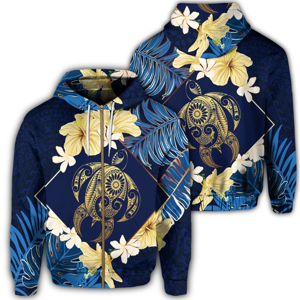 Hawaii Turtle Tropical Zip Hoodie Taha Style Unisex Art - Polynesian Pride