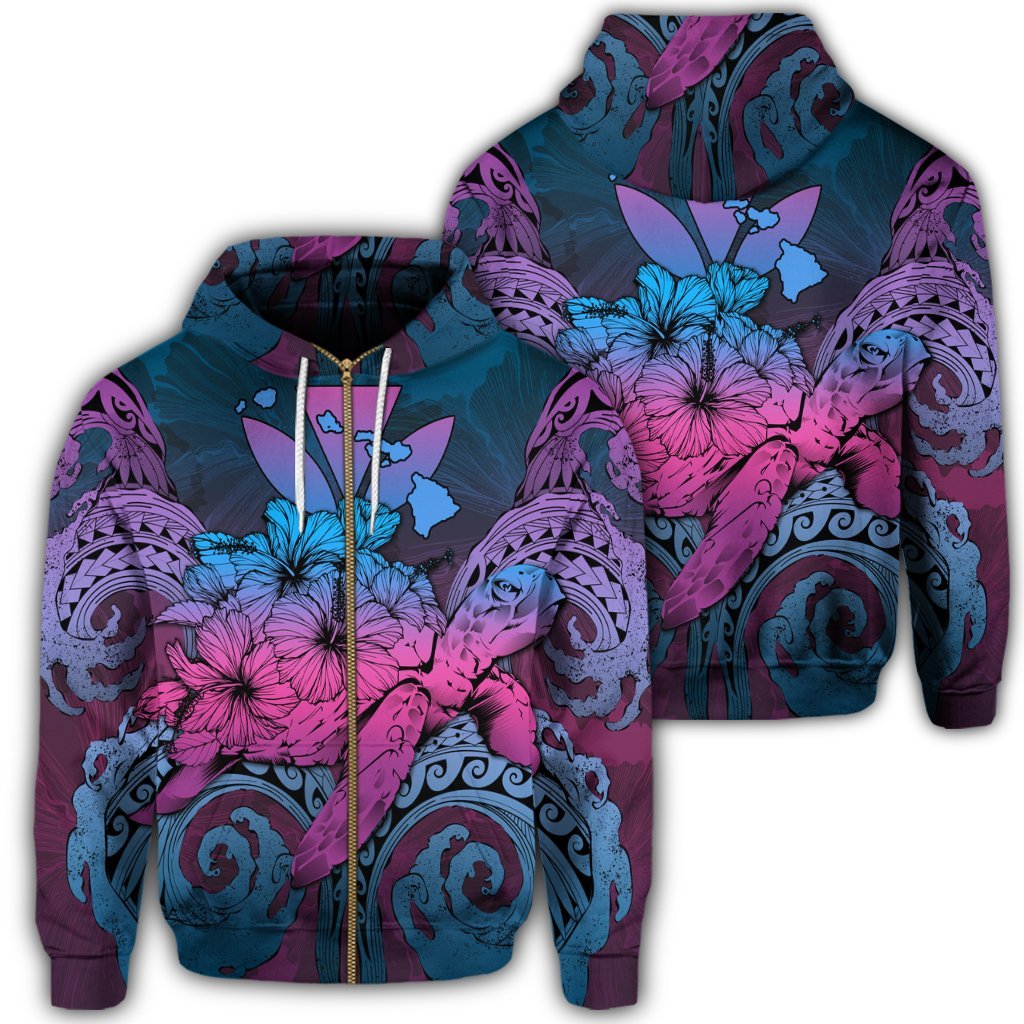 Hawaii Turtle Wave Polynesian Zip Hoodie Hey Style Blue Unisex Art - Polynesian Pride